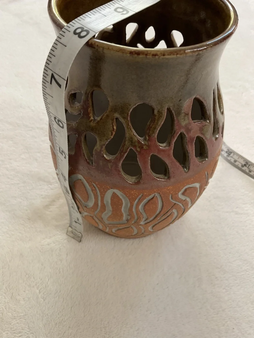 Vintage Signed Studio Pottery Pierced Art Vase Handmade Ceramic 8” Brutalist